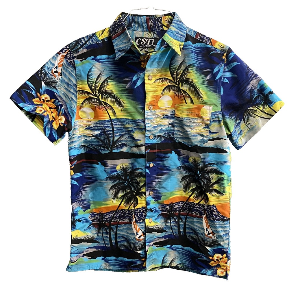 CSTL Coastal Men S Hawaiian Shirt Sunset Ocean Palm Trees Polyester
